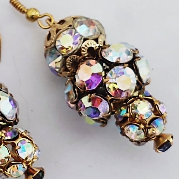 Gorgeous Vintage AB Crystal Large Gold Drop Earrings - Picture 3 of 5